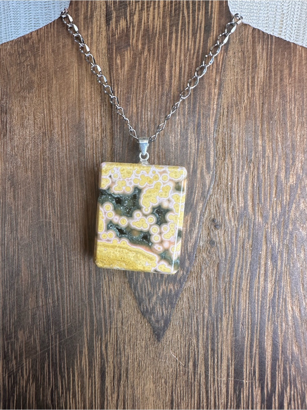 Yellow and Black Druzy Ocean Jasper Pendant Necklace on Stainless Steel Chain - Picture 8 of 16